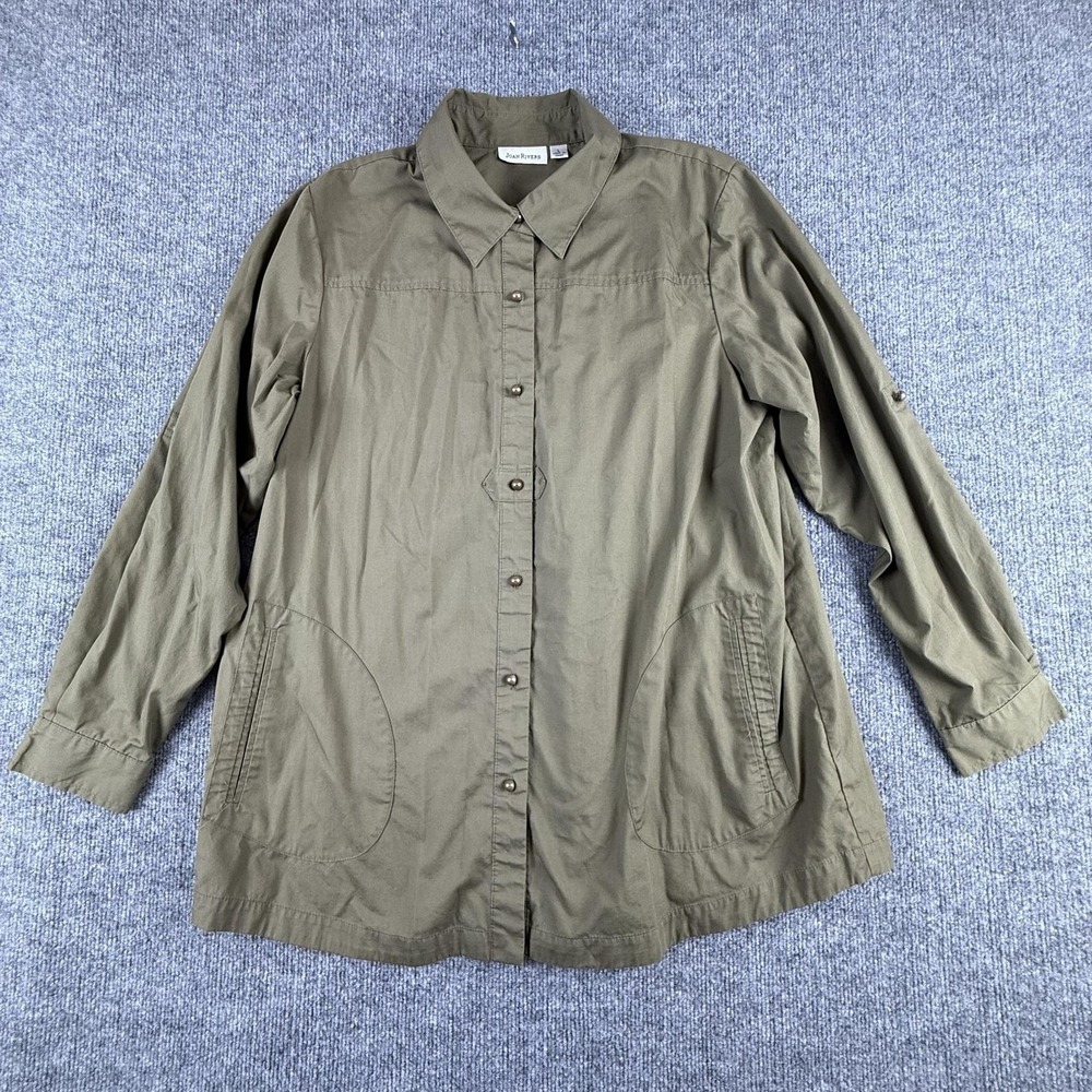 Joan Rivers‎ Shirt Womens Large Green Button Front Long Sleeve Tunic Top Pockets